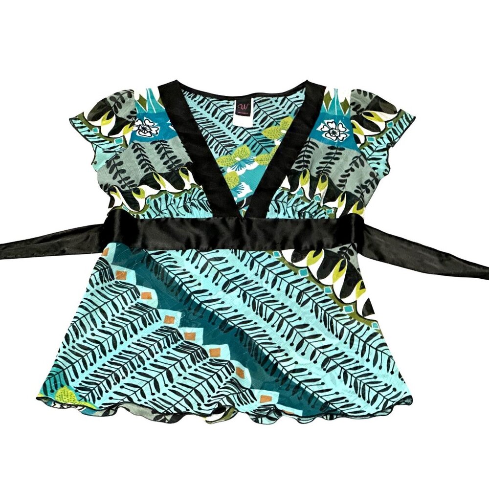 Wrapper Size Sm Teal Black Statement Print Deep V Wrap Tie Waist Peplum Top Chic - Picture 10 of 10
